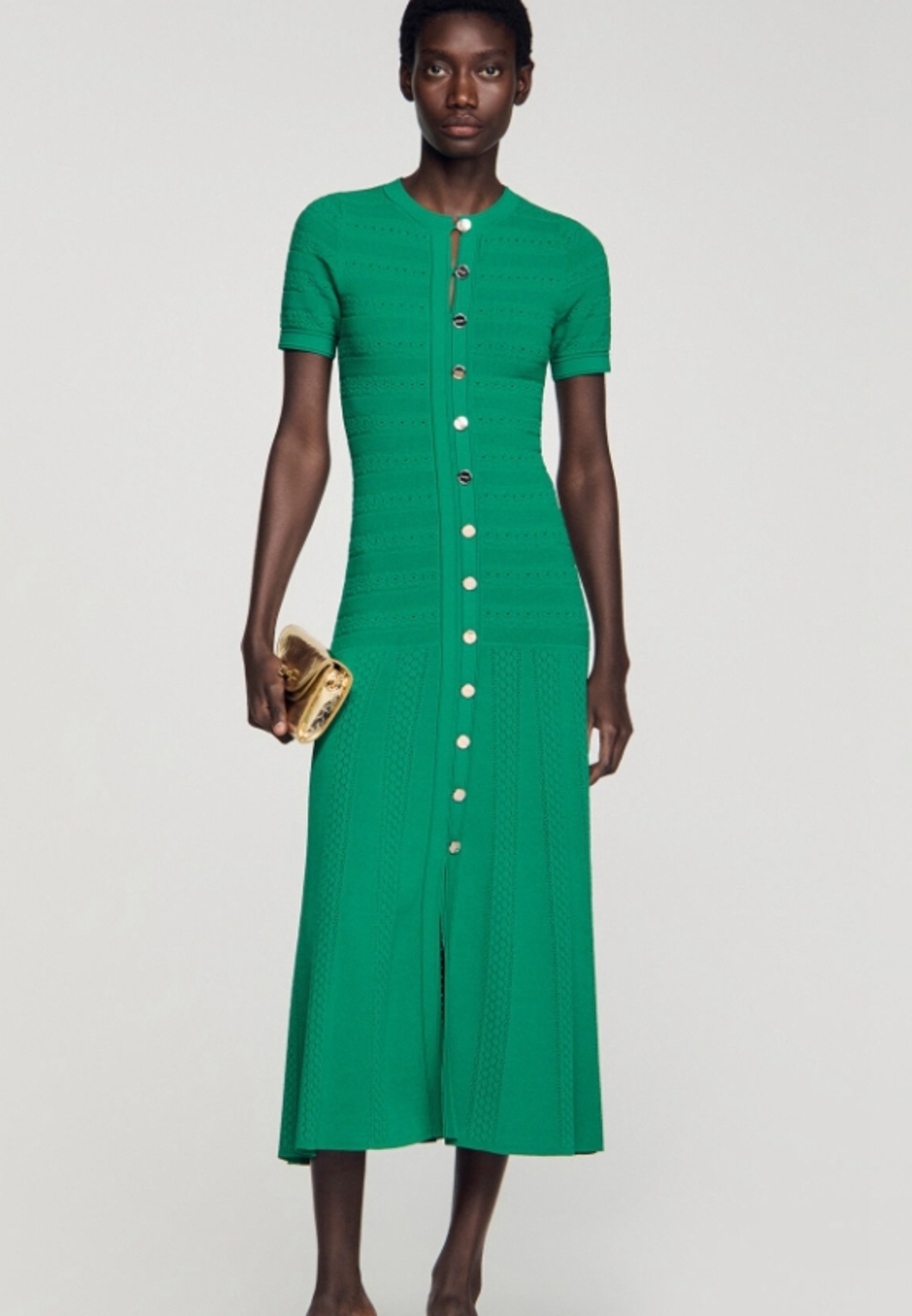 💚Sandro Green Pointelle Knit Midi Dress Gold Tone Front Buttons